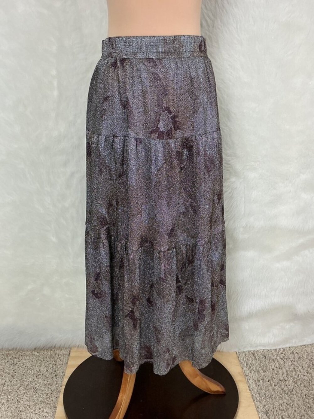 Ba&sh Silver Metallic Purple Floral Tiered Jupe Land Midi Skirt BASH 2 US 6